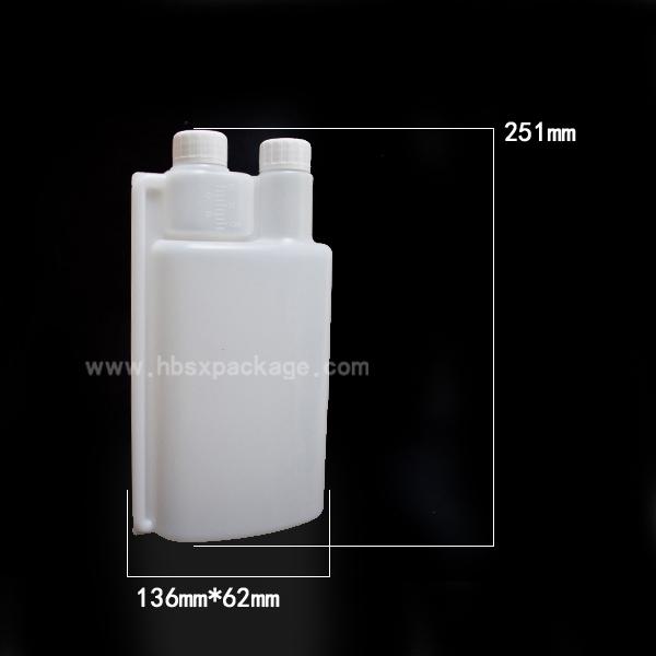 HDPE chemical liquid measuring empty double dual chamber plastic twin neck bottle